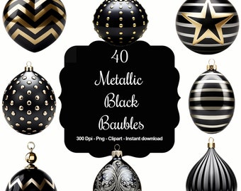 Midnight Elegance: 40 Metallic Black Christmas Baubles Clipart Collection