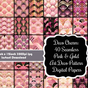Deco Charm: 40 bezszwowych, różowych i złotych wzorów Art Deco, zestaw cyfrowych papierów