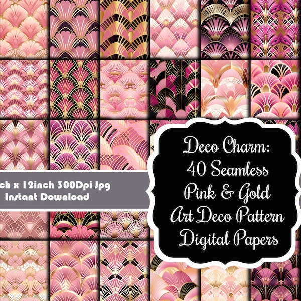 Deco Charm: 40 Seamless Pink & Gold Art Deco Pattern Digital Papers Set