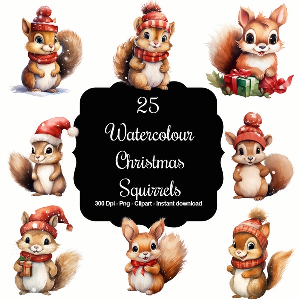 Christmas Cuddles: 25 Cute Watercolour Christmas Squirrel Clipart Collection