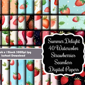 Summer Delight: 40 Watercolor Strawberry Seamless Patterns Digital Papers