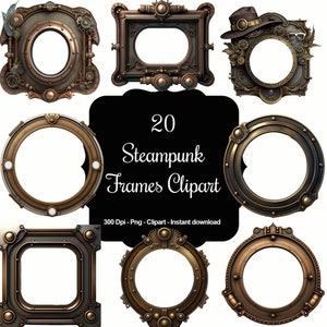 Pode incluir: Uma coleção de 20 molduras em estilo steampunk em várias formas, incluindo designs ovais, retangulares e circulares. As molduras são principalmente em tons de bronze e cobre, com detalhes mecânicos intrincados e engrenagens. O texto "20 Steampunk Frames Clipart" é exibido.