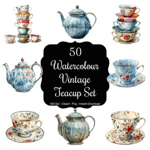 Tè senza tempo: set di 50 tazze da tè e teiere vintage ad acquerello