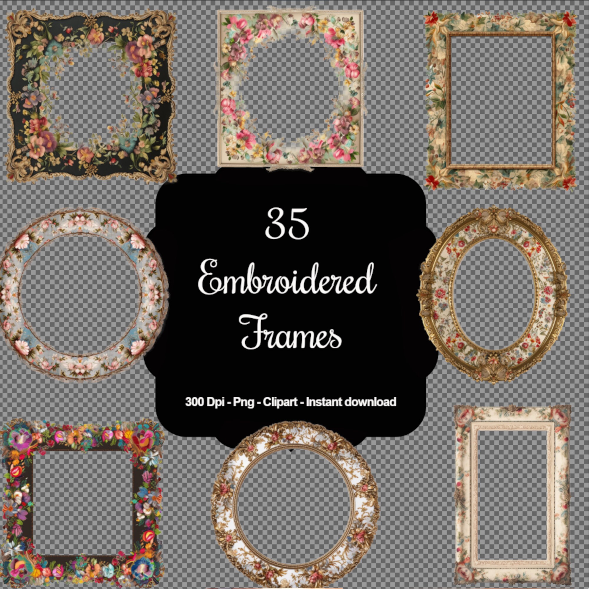 35 Embroidered Frames, High Quality Clipart, Instant Download, 300 Dpi ...