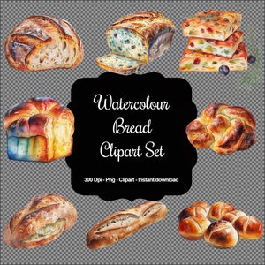 May include: A watercolor clipart set of various breads, including a loaf of sourdough, a braided loaf, a baguette, a round loaf, and a focaccia. The set is perfect for bakers, food bloggers, and anyone who loves bread.