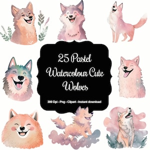 Grillige wolven: 25 schattige pastel aquarel vrolijke wolven clipartset