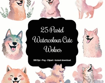 Whimsical Wolves: 25 Cute Pastel Watercolour Happy Wolves Clipart Set