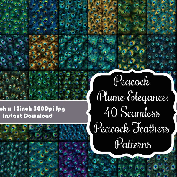 Peacock Plume Elegance: 40 Seamless Peacock Feathers Patterns Digital Papers Set