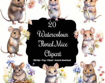 Whimsical Whiskers: 20 Watercolour Floral Mice Clipart Set