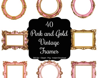 Rose Gold Elegance: 40 Vintage Gold and Pink Frames Clipart Set