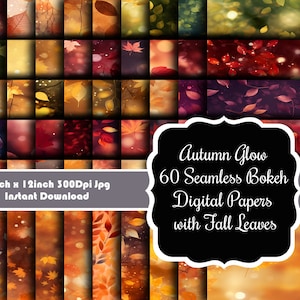 May include: 60 digital papers featuring autumn leaves and bokeh lights. The papers are 12 inches by 12 inches and 300 dpi. Instant download.