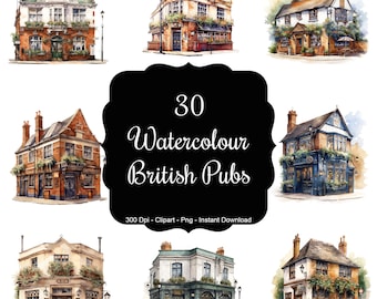 Cheers from Britain: 30 Watercolour British Pubs Clipart Set