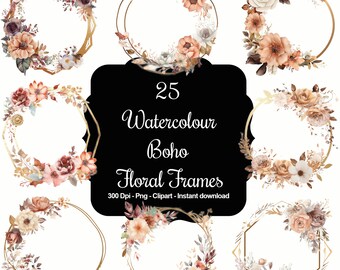 25 Boho Golden Frames, High Quality Clipart, Instant Download, 300 Dpi, Transparent PNG Files, Commercial use