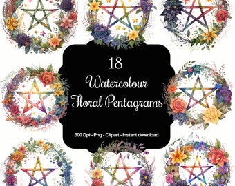 Mystic Blooms: 18 Watercolour Floral Pentagrams Clipart Set