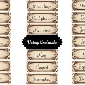 Tesoros atemporales: conjunto de etiquetas para marcapáginas de agenda digital vintage. Organice con estilo. Descarga instantánea