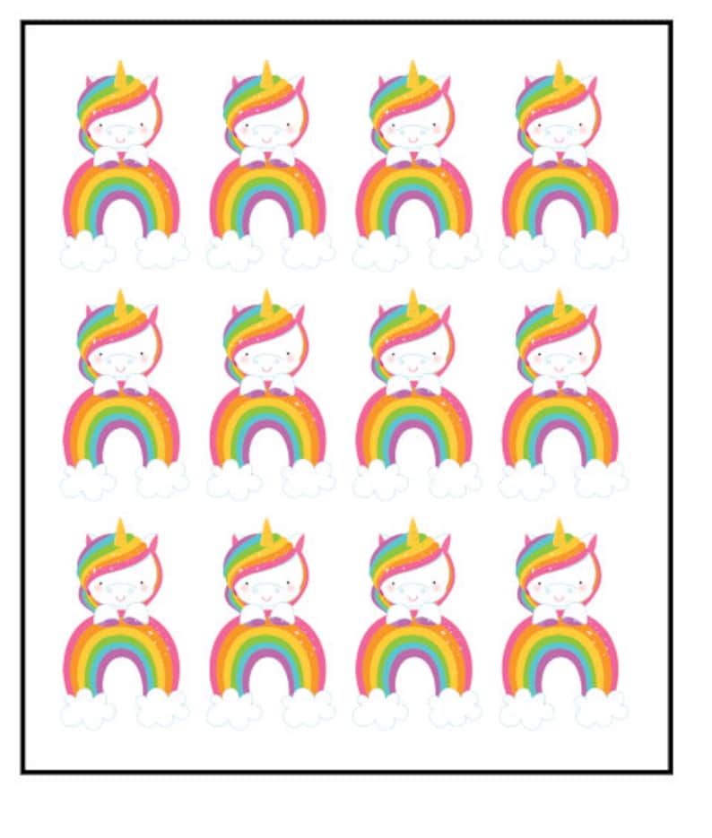 Unicorn and rainbows stand up precut wafer card edible cupcake toppers x 12