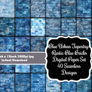 May include: A digital paper set of 40 seamless designs featuring blue brick patterns. Each design is 12 inches by 12 inches and 300 dpi. The set is called "Blue Urban Tapestry: Rustic Blue Bricks".