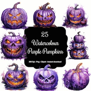 May include: 25 Watercolor Purple Pumpkins - 300 Dpi - Png - Clipart - Instant download. A set of 25 digital illustrations of purple pumpkins with various spooky facial expressions. The pumpkins are painted in a watercolour style with dripping paint effects.