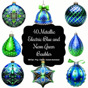 Neon Noel: 40 collezione di clipart di palline di Natale blu elettrico e verde neon