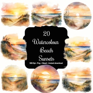 Serene Horizons: 20 clipartcollectie aquarel strandzonsondergang