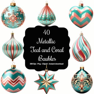 Coastal Festivities: 40 Metallic Teal & Coral Christmas Balls Clipart Collection