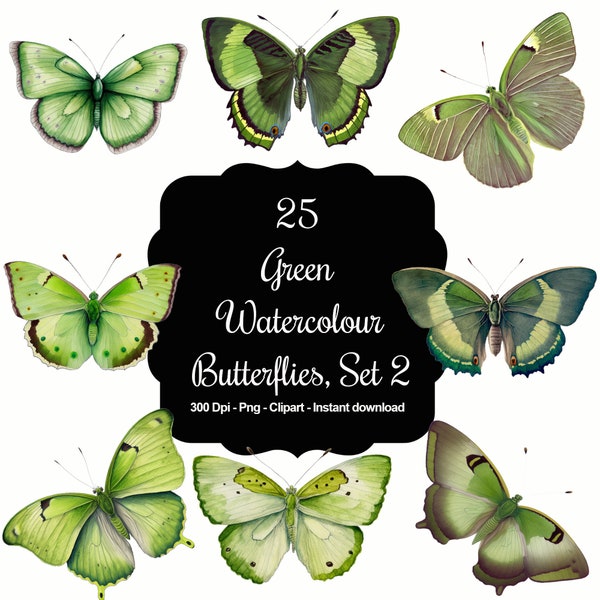 Verdant Flutter Set 2: 25 Green Watercolour Butterflies Clipart Set