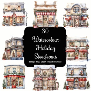 Yuletide Storefronts: 30 Watercolour Christmas Holiday Storefronts Clipart Set