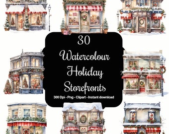 Yuletide Storefronts: 30 Watercolour Christmas Holiday Storefronts Clipart Set