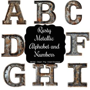 Op de afbeelding: Clipartset met roestig metalen alfabet en cijfers. De letters A, B, C, D, F, G, H en I worden getoond in een verweerde, roestige metalen stijl. De letters zijn 300 DPI en in PNG-formaat.