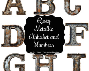Industrial Charm: Rusty Metallic Alphabet Letters and Numbers Clipart Set