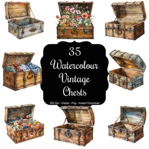 Lembranças preciosas: conjunto de clipart de 35 baús vintage em aquarela