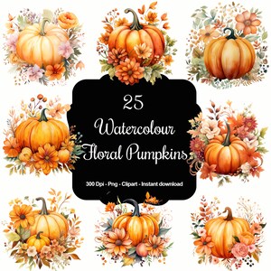 Récolte des fleurs : 25 cliparts de citrouilles florales aquarelles