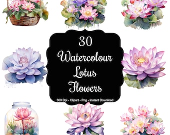 Serene Blossoms: 30 Watercolour Lotus Flowers Clipart Set