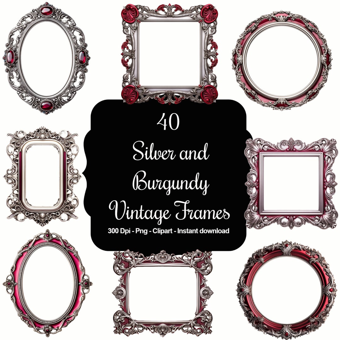 Vintage Allure: 40 Silver & Burgundy Vintage Frames Clipart Bundle - Etsy