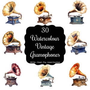 Melodische nostalgie: 30 aquarel vintage grammofoons clipartset