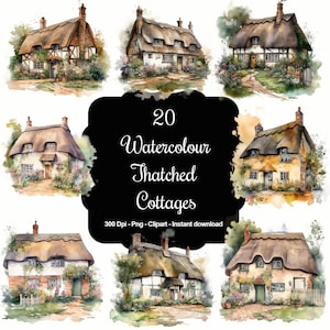 May include: A set of 20 watercolour illustrations of thatched cottages. The cottages are painted in a variety of colours, including brown, white, and green. The illustrations are perfect for adding a touch of charm to any project.