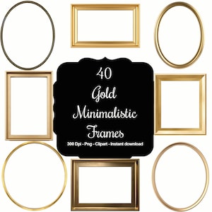 40 minimalistische Metallic Goldrahmen, hochwertige Clipart, Sofortdownload, 300 Dpi, transparente PNG-Dateien, kommerzielle Nutzung