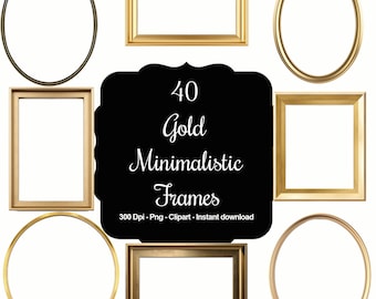 40 Minimalistic Metallic Gold Frames, High Quality Clipart, Instant Download, 300 Dpi, Transparent PNG Files, Commercial use