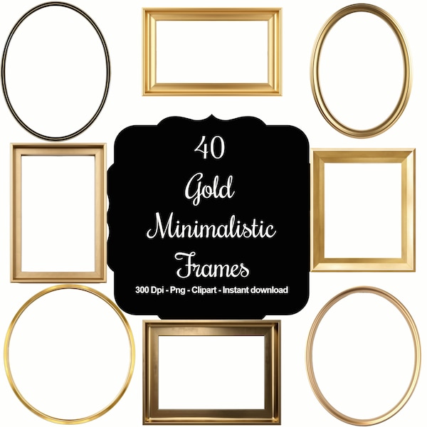 40 Minimalistic Metallic Gold Frames, High Quality Clipart, Instant Download, 300 Dpi, Transparent PNG Files, Commercial use