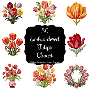 Bloemen met schroefdraad: 30 geborduurde tulpen clipartset