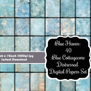 Blue Haven : lot de 40 papiers numériques Blue Cottagecore effet vieilli