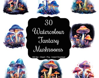 Mystical Mycelium: 30 Watercolour Fantasy Mushrooms Clipart Bundle