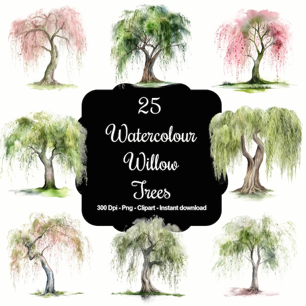 Enchanting Watercolor Willow Tree Clipart Set - Perfect for Serene Artwork, Nature Inspired Projects, Unique Design Elements & More!