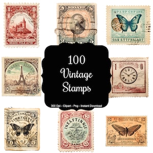 Prachtige collectie van 100 vintage ephemera postzegels clipart - Stap in het verleden - direct downloaden
