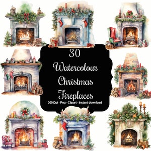 Calidez invernal: colección de 30 imágenes prediseñadas de chimeneas navideñas en acuarela