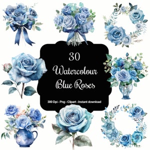 Blue Bloom Bliss: 30 aquarel blauwe hybride theeroosjes clipartset