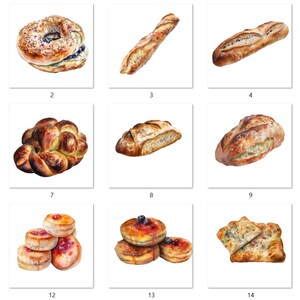 May include: Assortment of 15 different types of breads and pastries, including a bagel with purple and green swirls, a braided loaf, a baguette, and a rainbow-colored loaf.