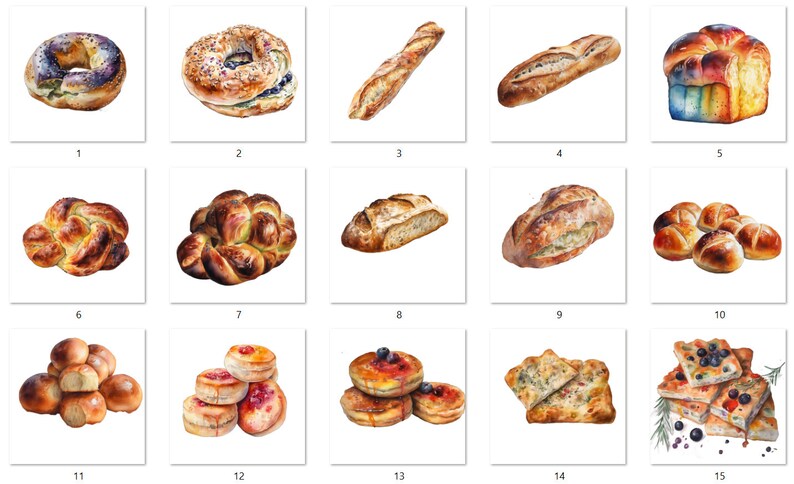 May include: Assortment of 15 different types of breads and pastries, including a bagel with purple and green swirls, a braided loaf, a baguette, and a rainbow-colored loaf.