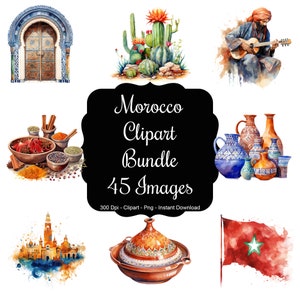 Mosaïque marocaine : ensemble de 45 images aquarelles représentant le Maroc