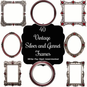 Allure intemporelle : 40 cadres vintage argentés et grenat, collection de cliparts